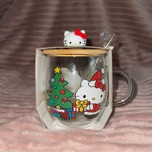 Christmas Hello Kitty Glass Mug w/Topper & Spoon